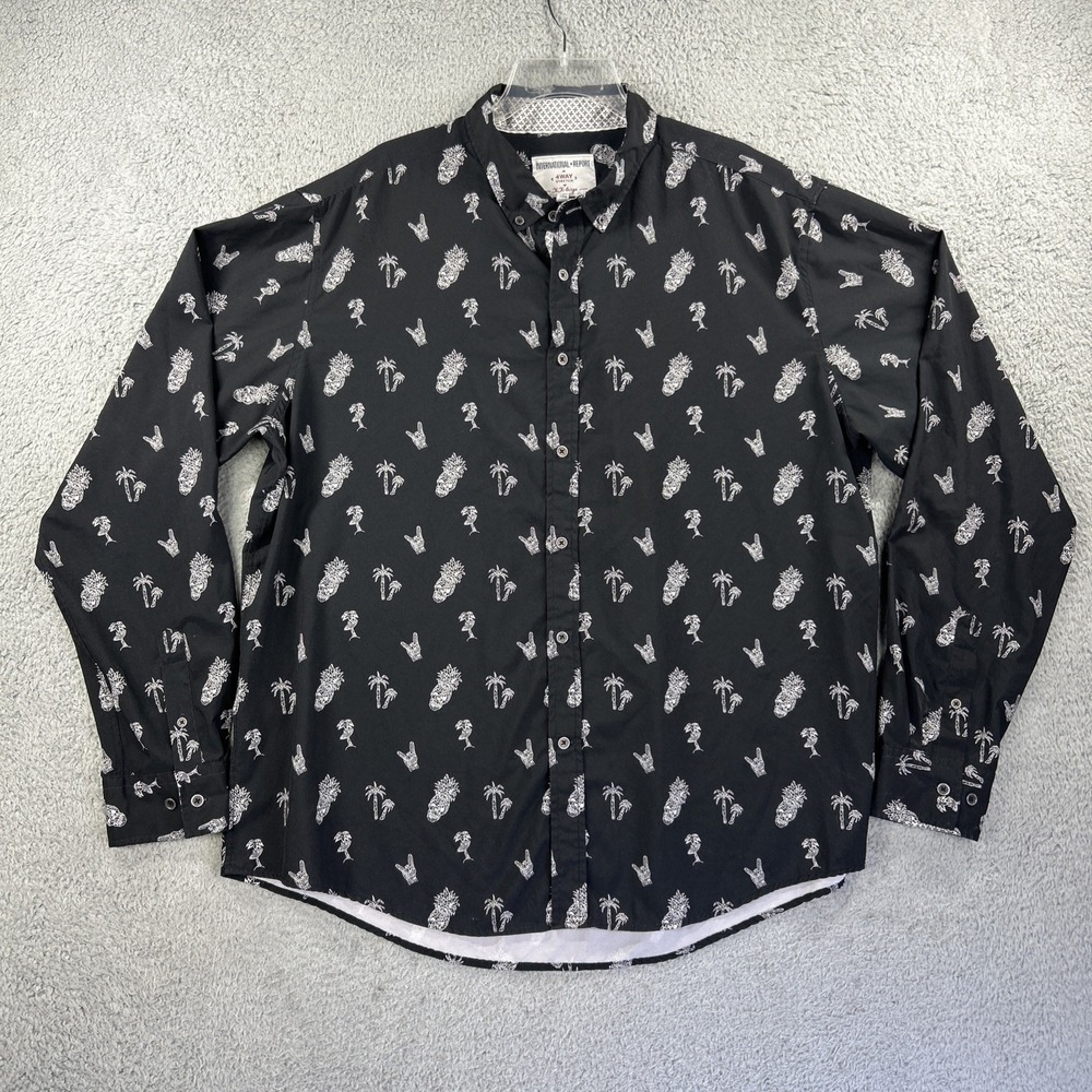International Report Shirt Mens XXL Black Pineapple Skull Palm 4‎ Way Stretch